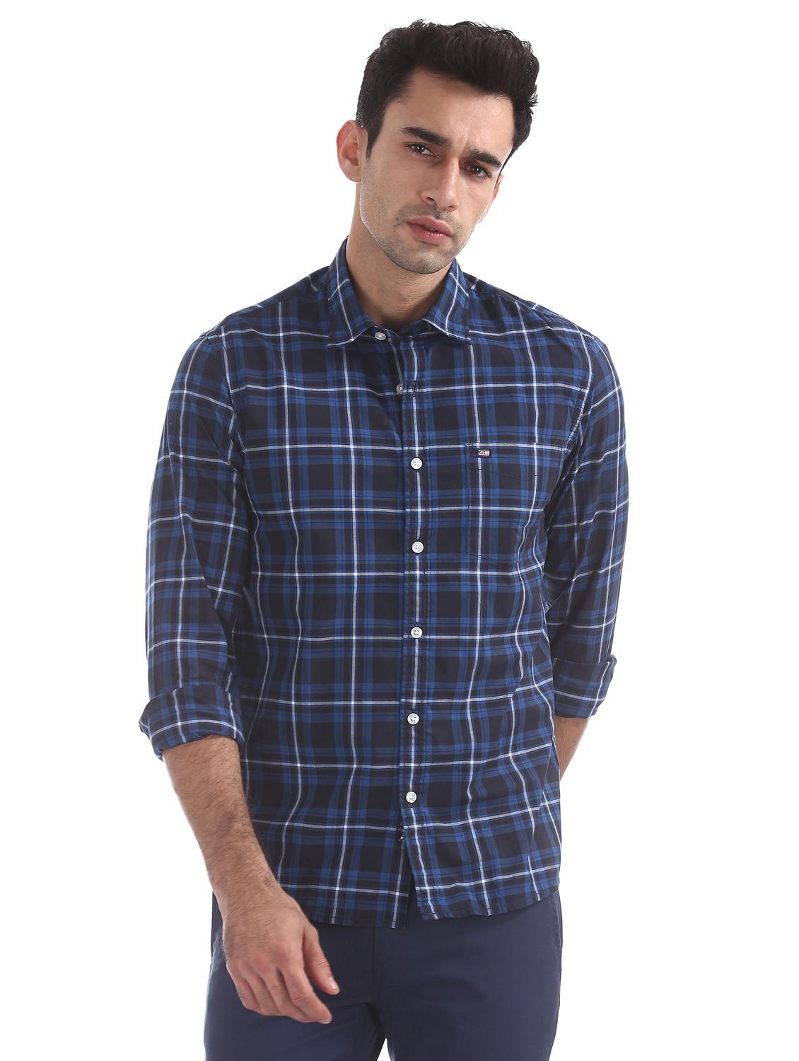 navy blue checkered casual shirt - 17616227 - Zoom Image - 1