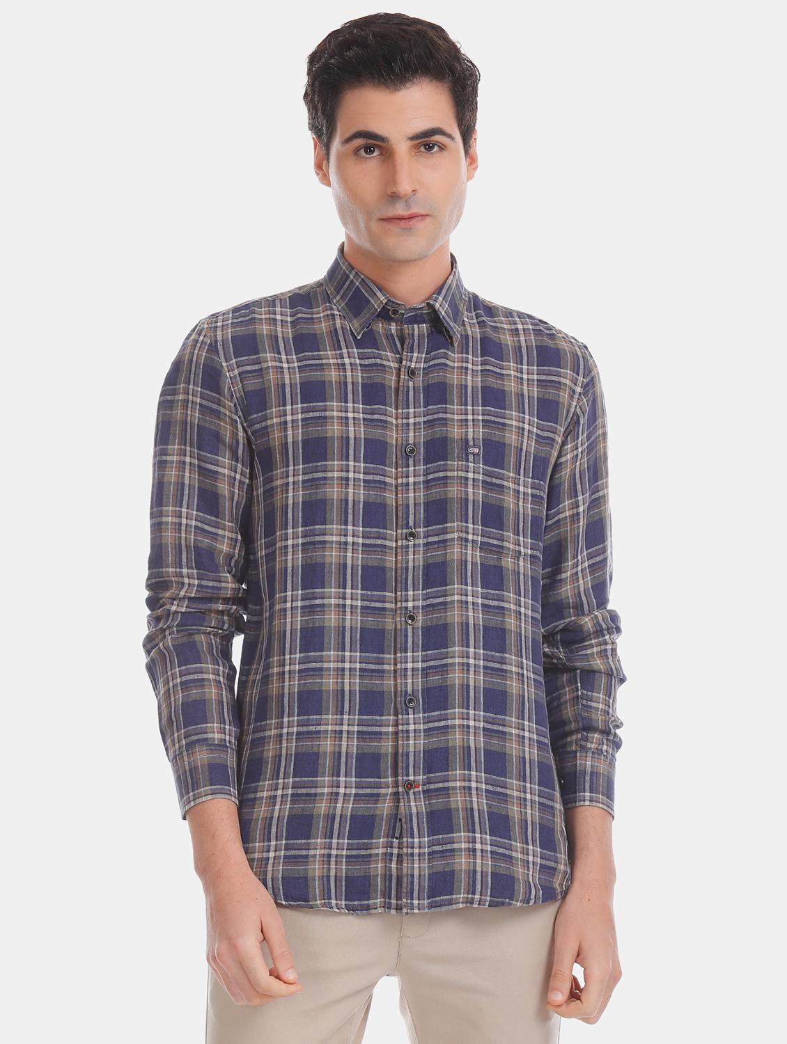 blue checkered linen casual shirt - 17616264 - Zoom Image - 1