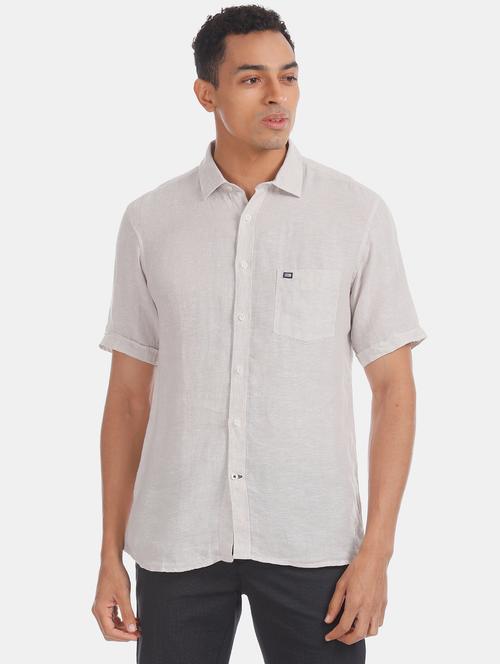 beige solid linen casual shirt - 17616534 - Standard Image - 1