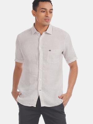 beige solid linen casual shirt - 17616534 - Standard Image - 2