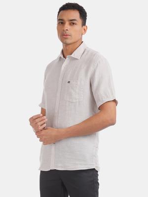 beige solid linen casual shirt - 17616534 - Standard Image - 3