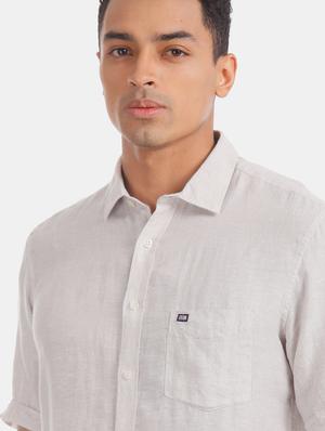 beige solid linen casual shirt - 17616534 - Standard Image - 6