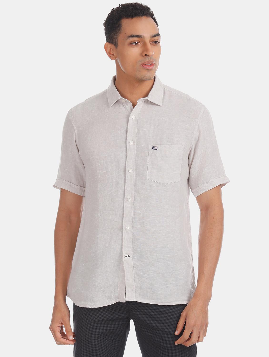 beige solid linen casual shirt - 17616534 - Zoom Image - 1