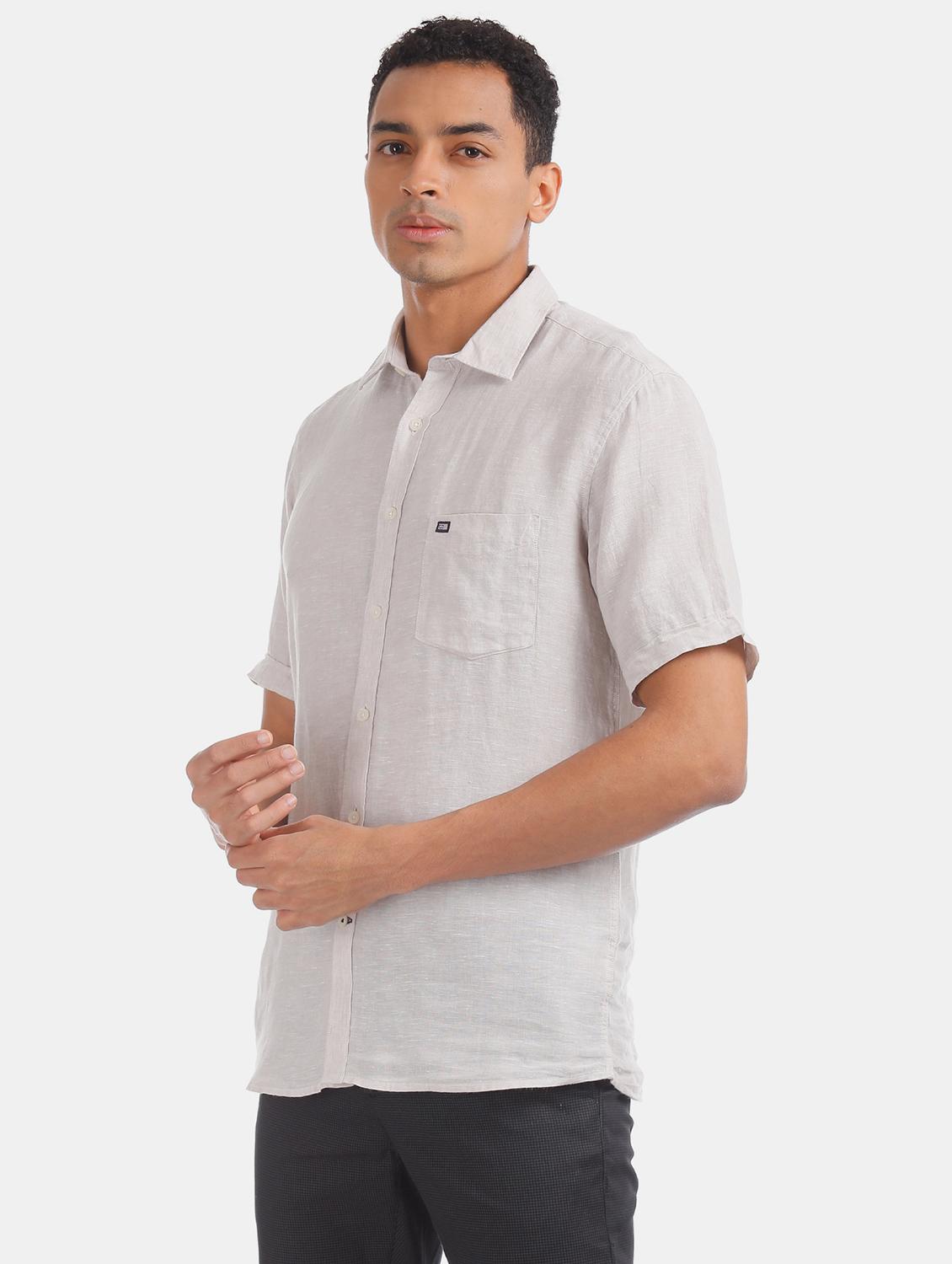 beige solid linen casual shirt - 17616534 - Zoom Image - 3