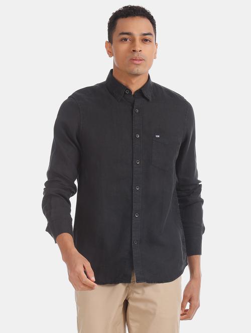 black solid linen casual shirt - 17616550 - Standard Image - 1