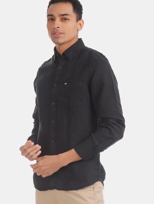 black solid linen casual shirt - 17616550 - Standard Image - 2