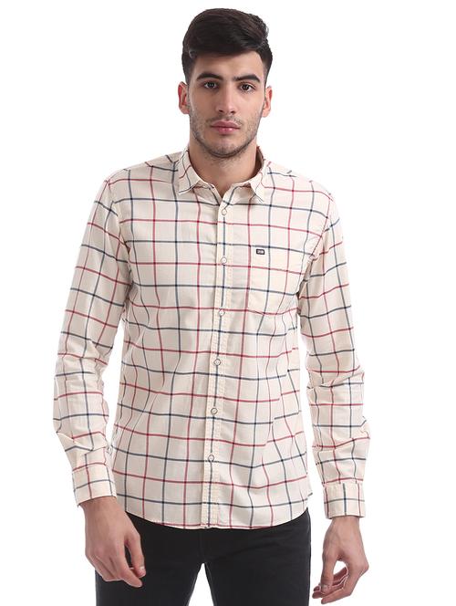 beige checkered casual shirt - 17616687 - Standard Image - 1