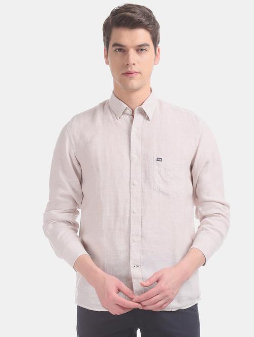 beige solid linen casual shirt - 17616993 - Standard Image - 1