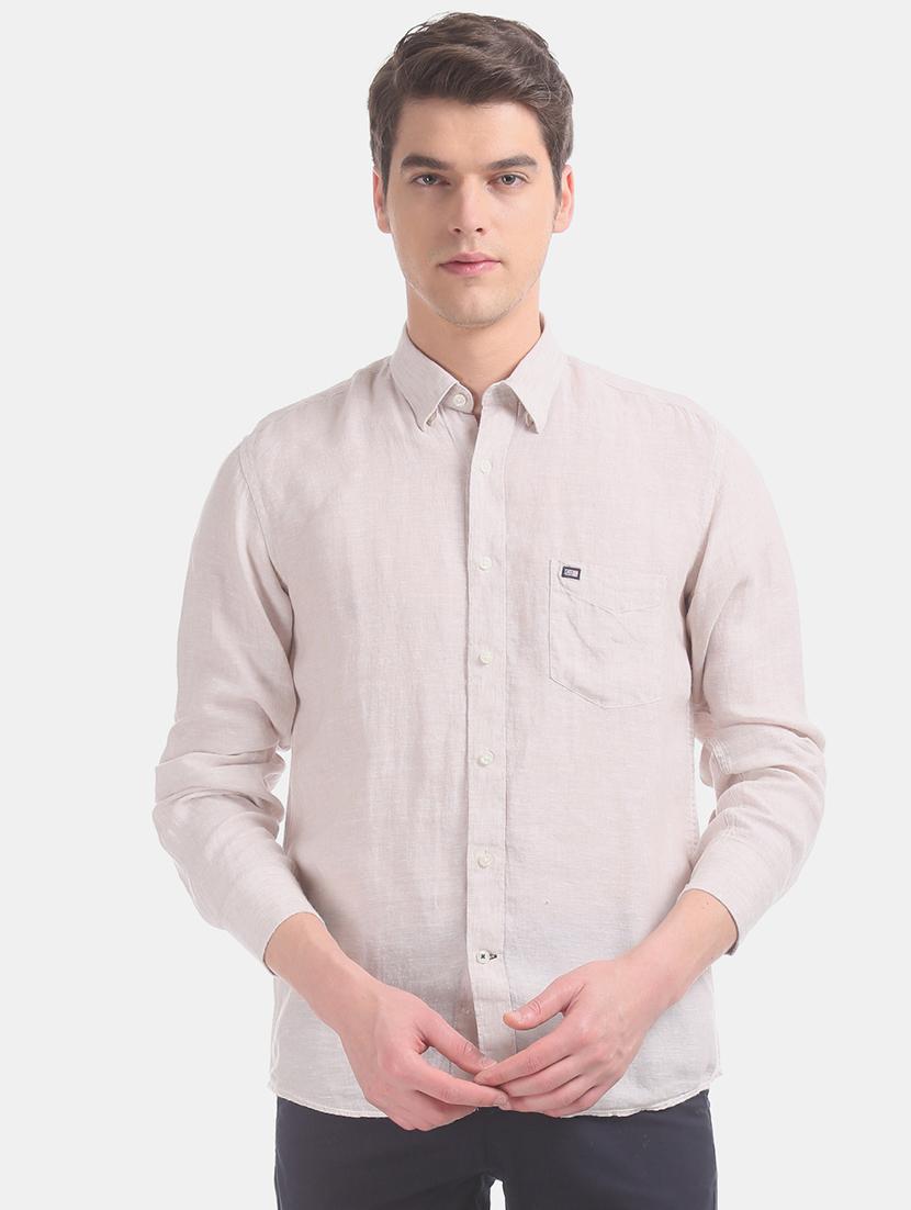 beige solid linen casual shirt - 17616993 - Zoom Image - 1