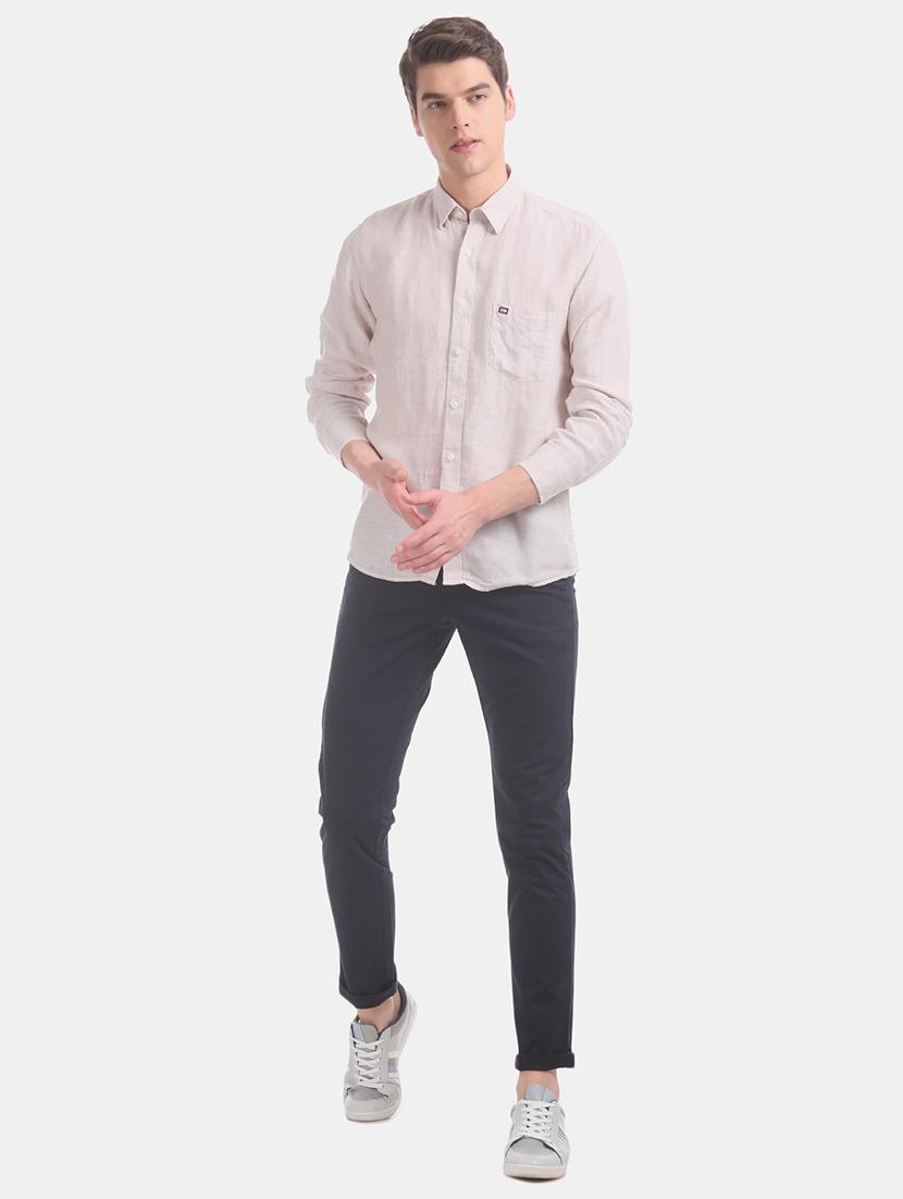 beige solid linen casual shirt - 17616993 - Zoom Image - 4