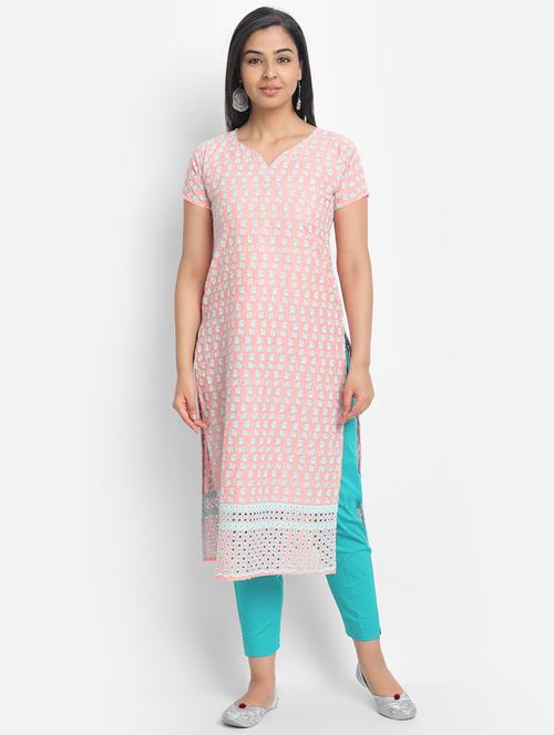 peach cotton straight kurta - 17617288 - Standard Image - 1