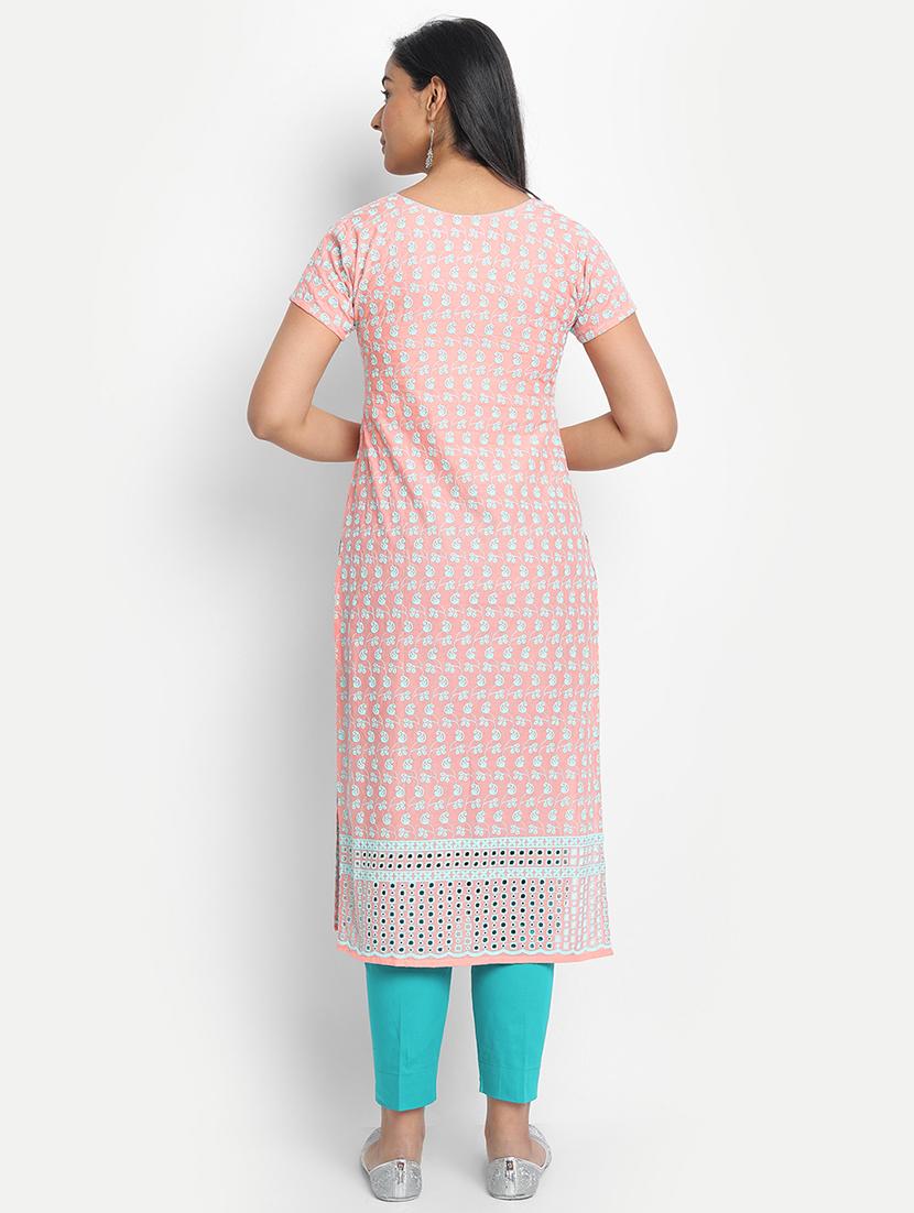peach cotton straight kurta - 17617288 - Zoom Image - 3