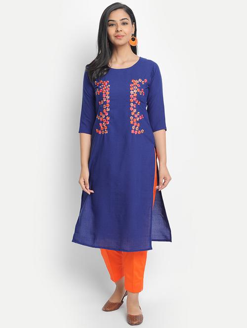 blue cotton blend straight kurta - 17617294 - Standard Image - 1