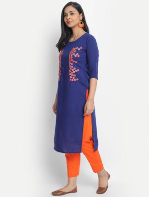 blue cotton blend straight kurta - 17617294 - Standard Image - 2