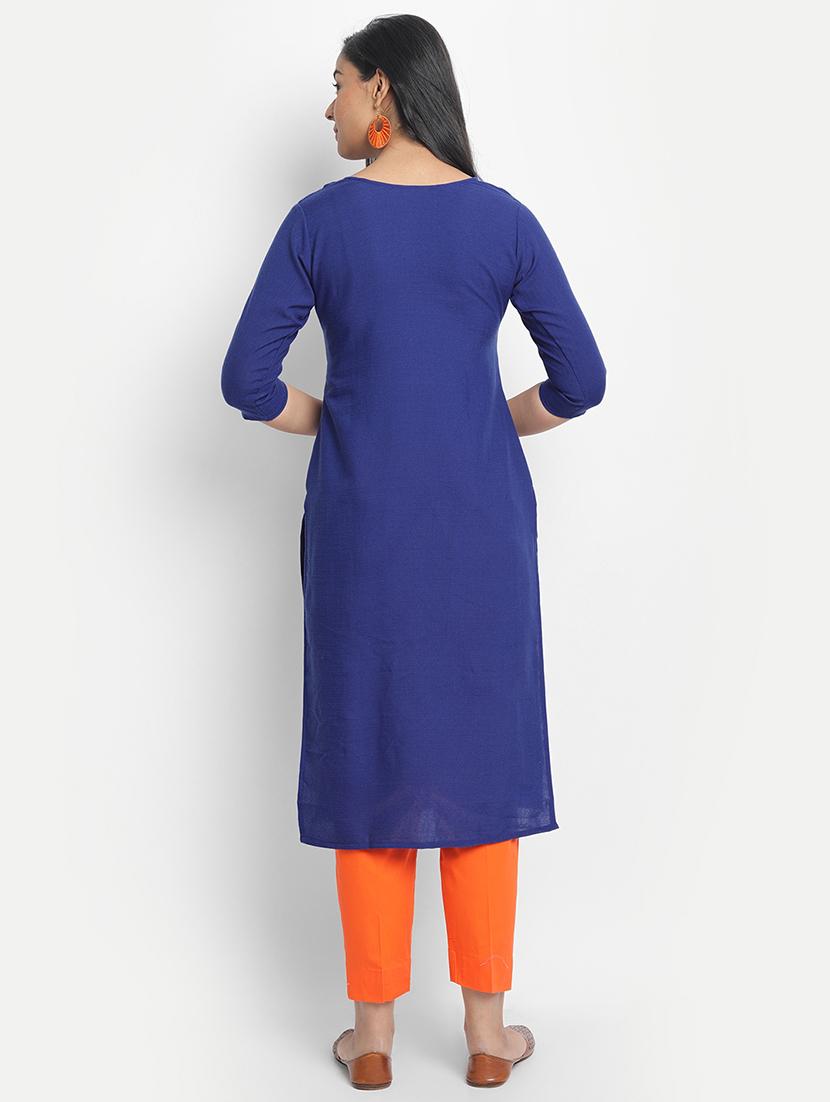 blue cotton blend straight kurta - 17617294 - Zoom Image - 3