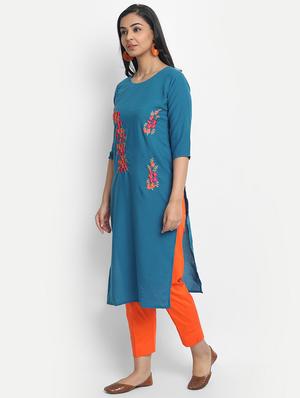 blue cotton blend straight kurta - 17617295 - Standard Image - 2