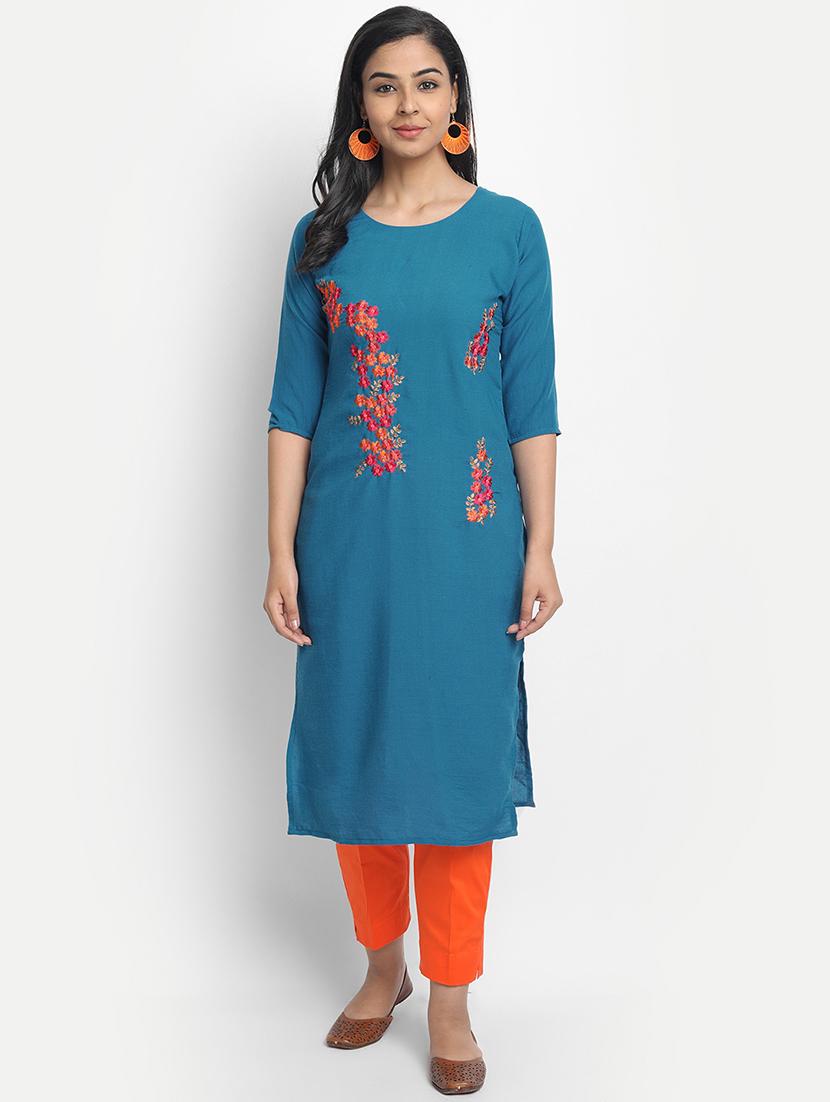 blue cotton blend straight kurta - 17617295 - Zoom Image - 1