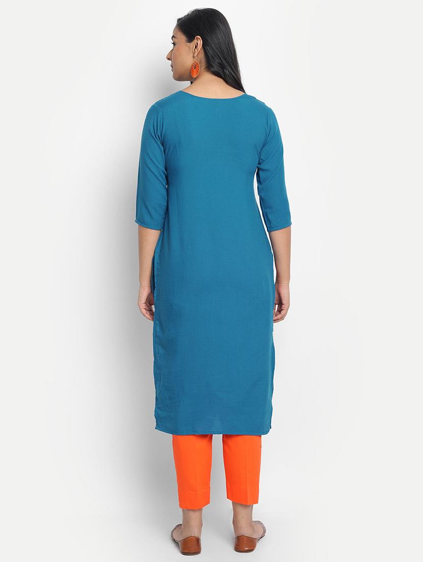 blue cotton blend straight kurta - 17617295 - Zoom Image - 3