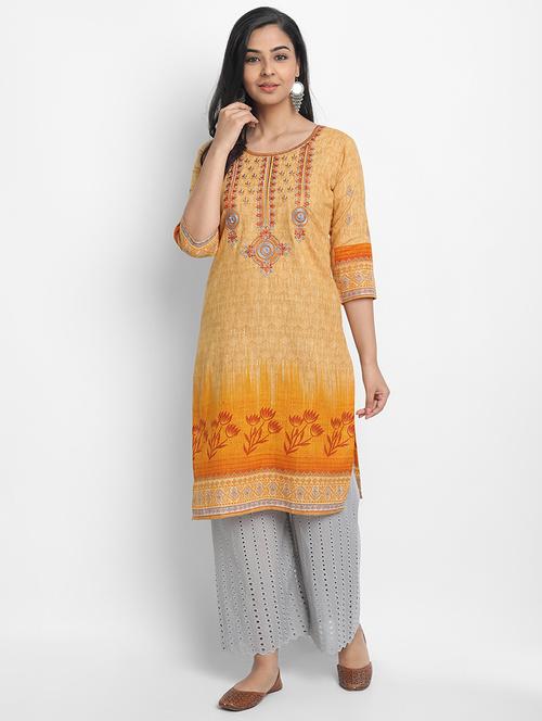 yellow cotton straight kurta - 17617300 - Standard Image - 1
