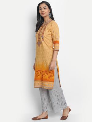 yellow cotton straight kurta - 17617300 - Standard Image - 2