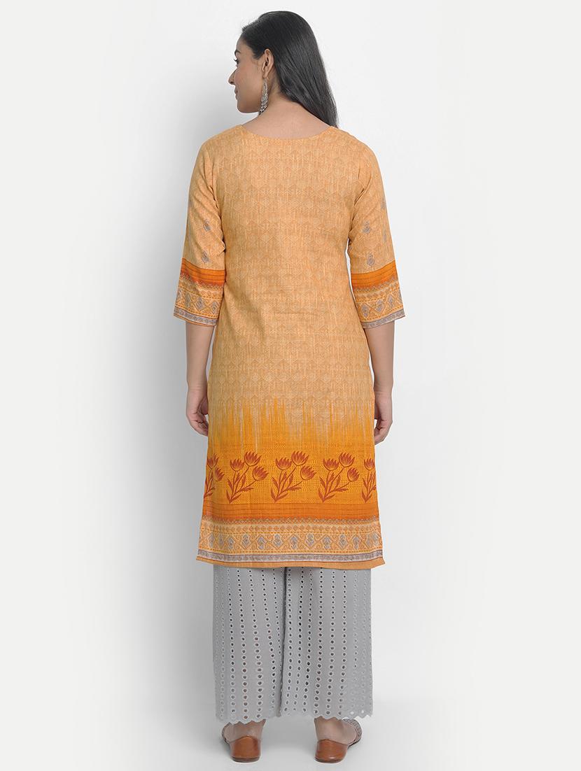 yellow cotton straight kurta - 17617300 - Zoom Image - 3