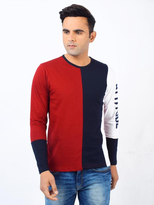 maroon color block cut & sew t-shirt - 17617303 - Standard Image - 1