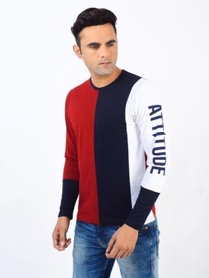 maroon color block cut & sew t-shirt - 17617303 - Standard Image - 2