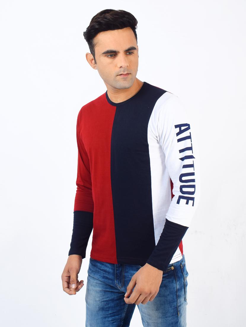 maroon color block cut & sew t-shirt - 17617303 - Zoom Image - 2