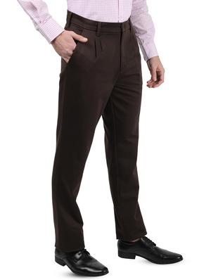 brown solid pleated casual trouser - 17617452 - Standard Image - 2