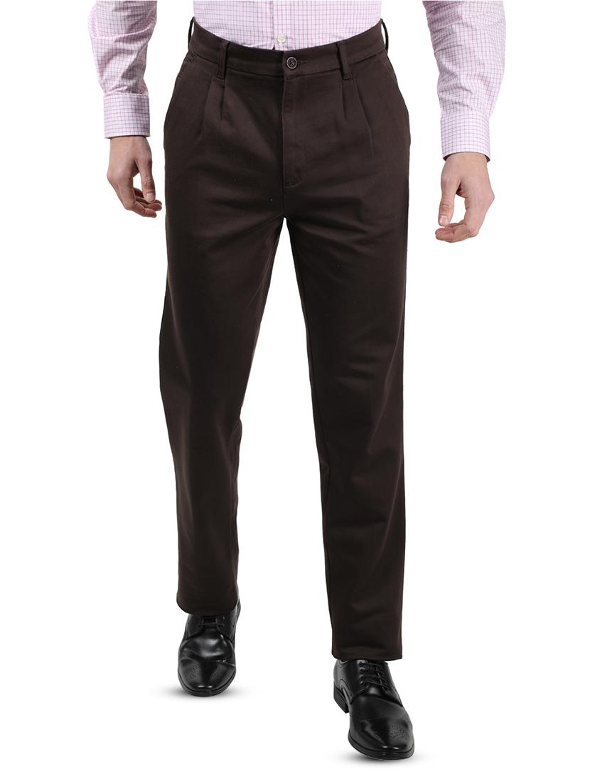 brown solid pleated casual trouser - 17617452 - Zoom Image - 1