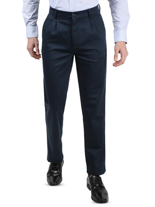 navy blue solid pleated casual trouser - 17617453 - Standard Image - 1