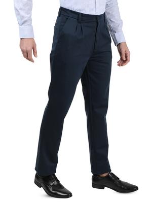 navy blue solid pleated casual trouser - 17617453 - Standard Image - 2