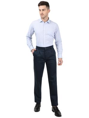 navy blue solid pleated casual trouser - 17617453 - Standard Image - 4