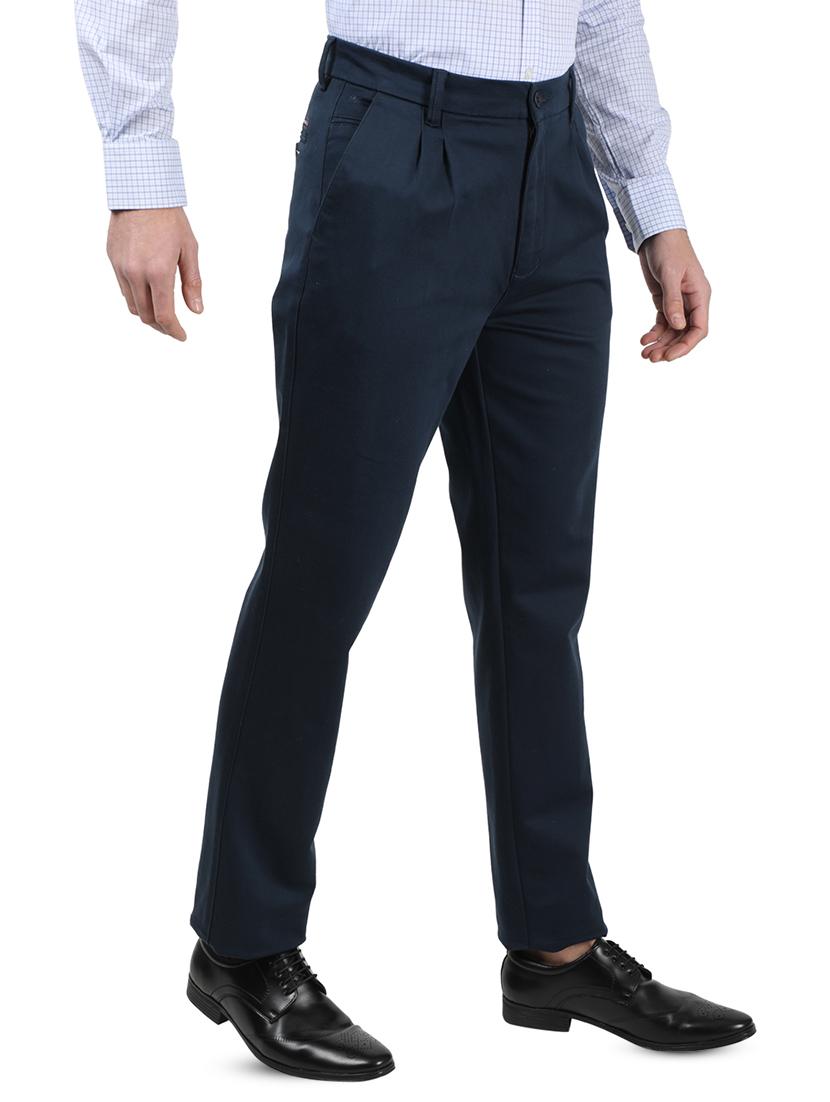 navy blue solid pleated casual trouser - 17617453 - Zoom Image - 2