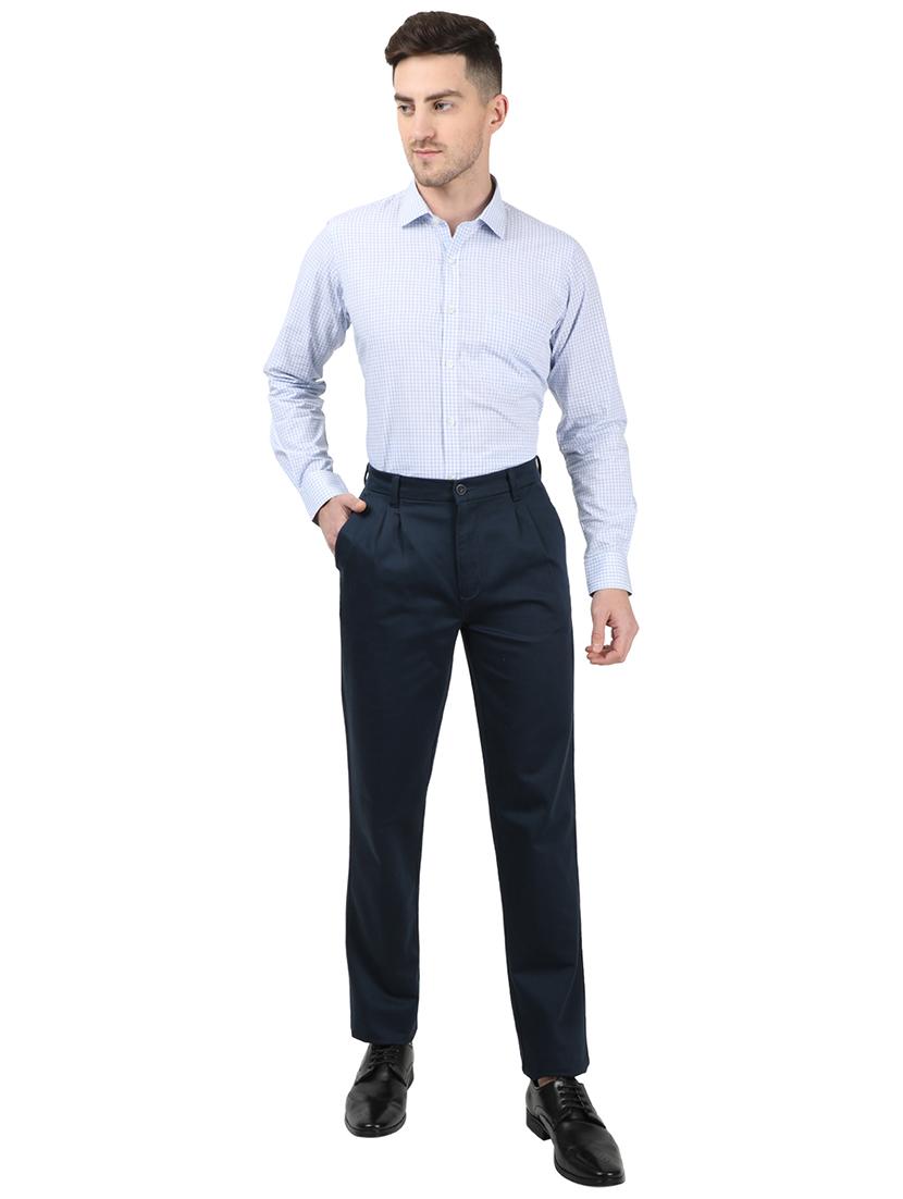 navy blue solid pleated casual trouser - 17617453 - Zoom Image - 4