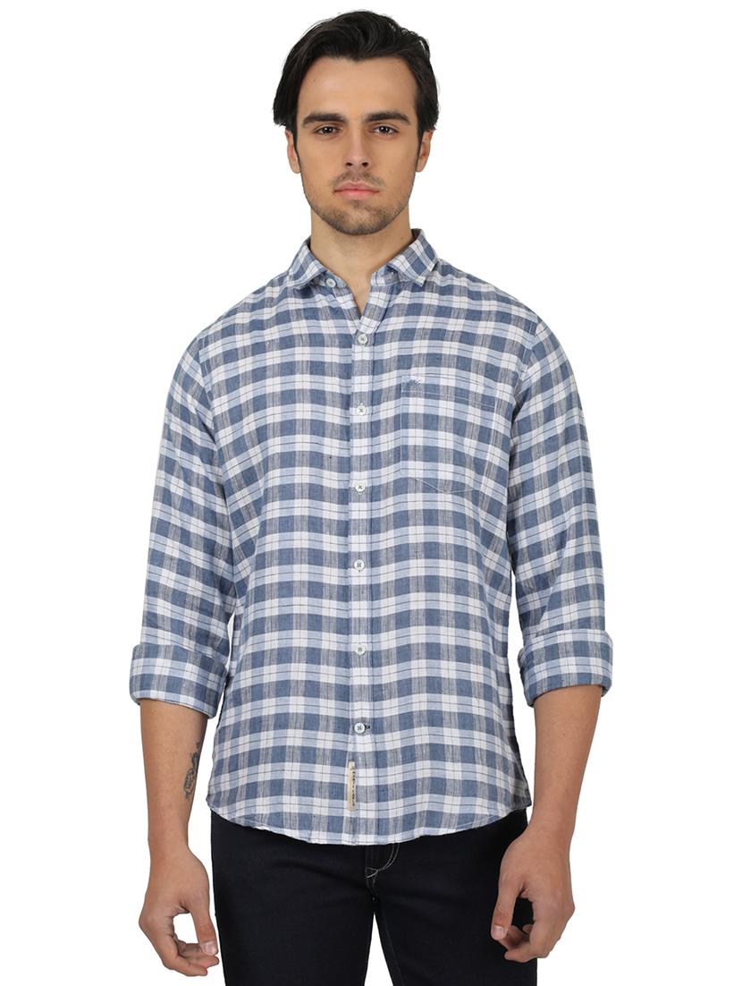blue checkered linen casual shirt - 17617487 - Zoom Image - 1