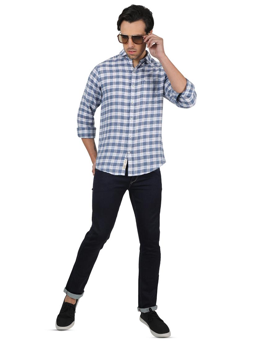 blue checkered linen casual shirt - 17617487 - Zoom Image - 4