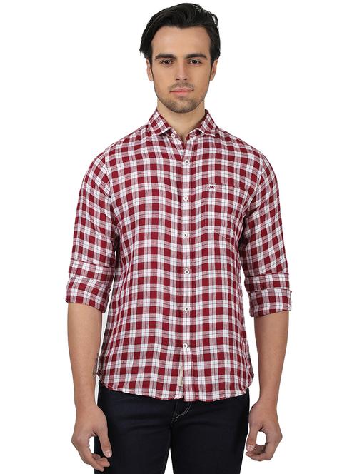 maroon checkered linen casual shirt - 17617488 - Standard Image - 1