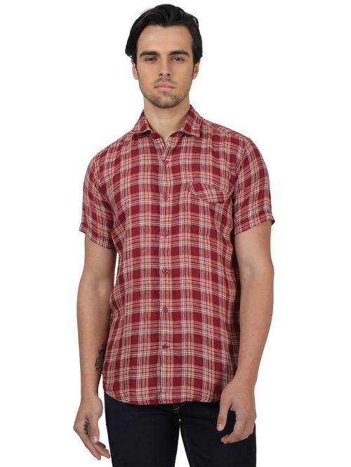 maroon checkered linen casual shirt - 17617499 - Standard Image - 1
