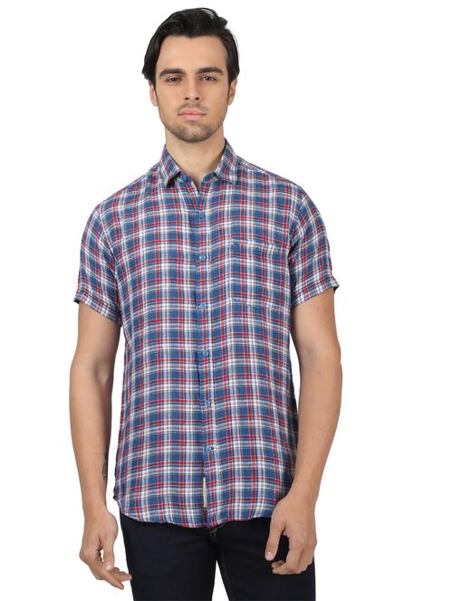 blue checkered linen casual shirt - 17617504 - Standard Image - 1
