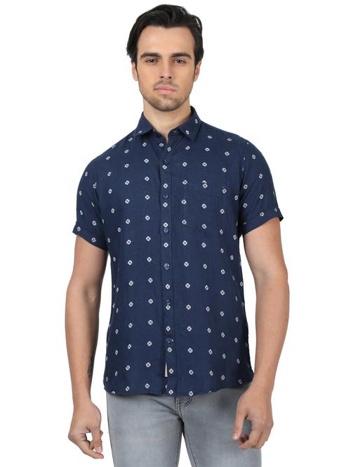 navy blue printed linen casual shirt - 17617519 - Standard Image - 1