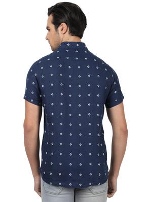 navy blue printed linen casual shirt - 17617519 - Standard Image - 3