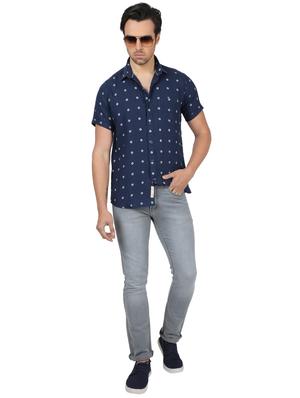 navy blue printed linen casual shirt - 17617519 - Standard Image - 4