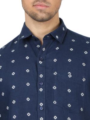 navy blue printed linen casual shirt - 17617519 - Standard Image - 5
