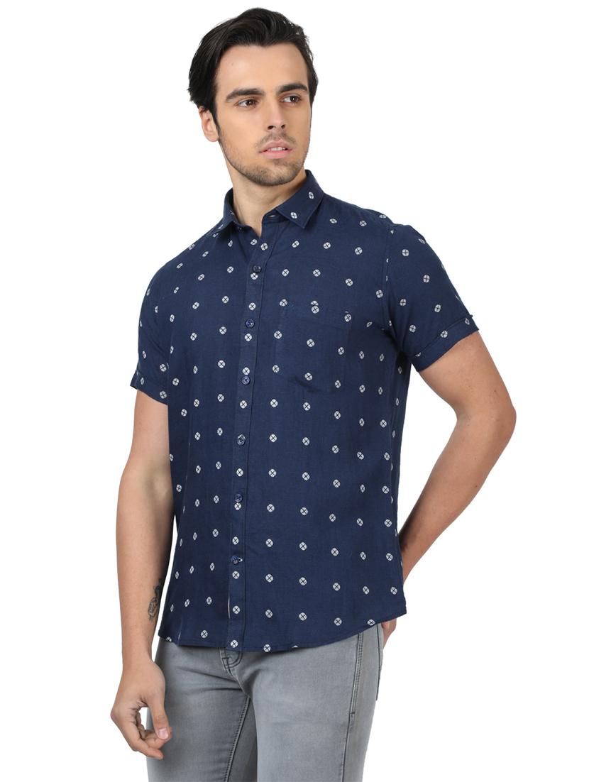 navy blue printed linen casual shirt - 17617519 - Zoom Image - 2