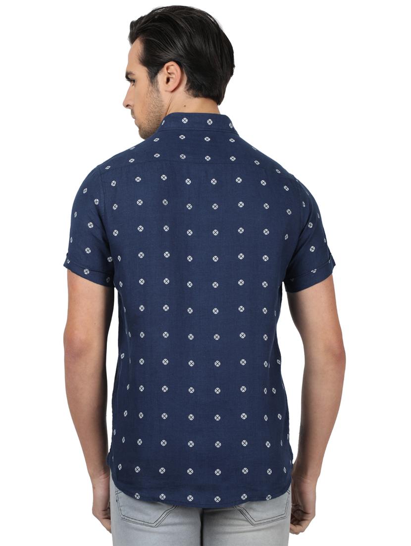navy blue printed linen casual shirt - 17617519 - Zoom Image - 3