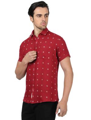 maroon printed linen casual shirt - 17617520 - Standard Image - 2