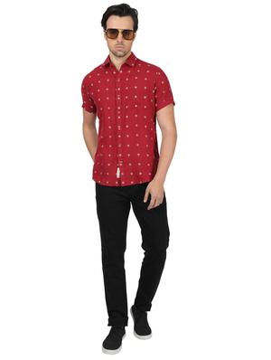 maroon printed linen casual shirt - 17617520 - Standard Image - 4