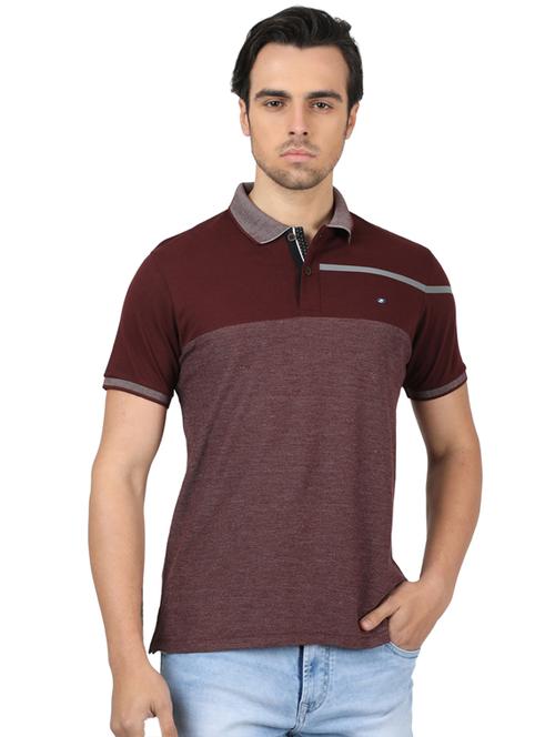 maroon color block cut & sew polo t-shirt - 17617564 - Standard Image - 1
