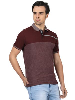 maroon color block cut & sew polo t-shirt - 17617564 - Standard Image - 2